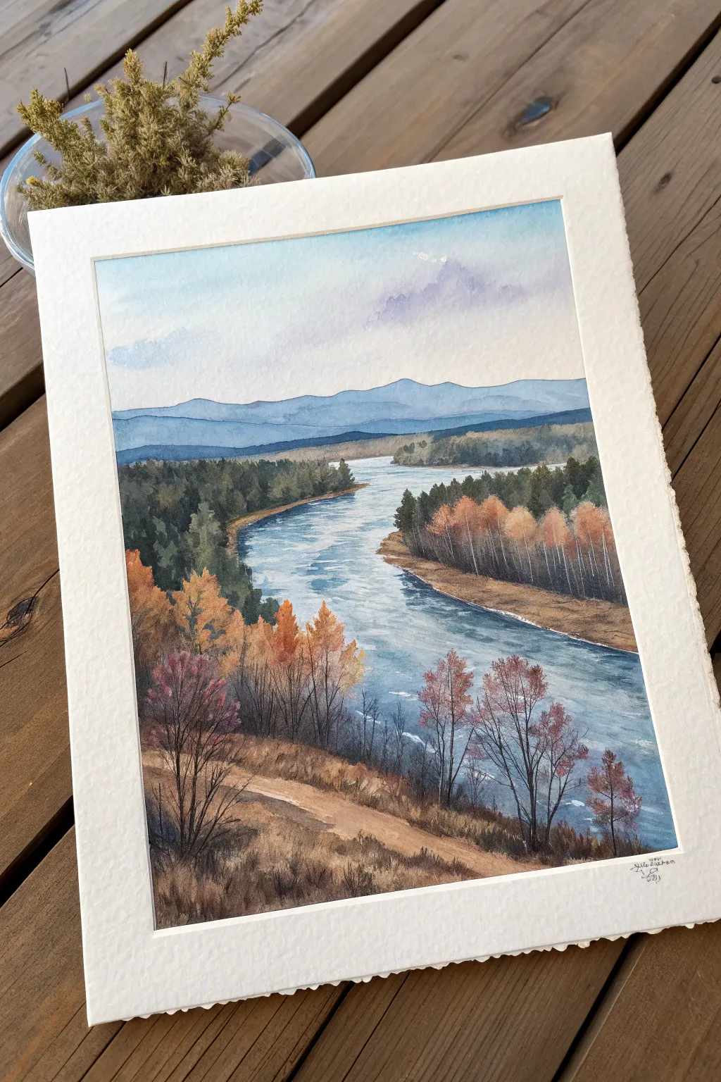 Curving river bend watercolor with leading lines, minimalist trees, bold contrast and calm boho vibes.