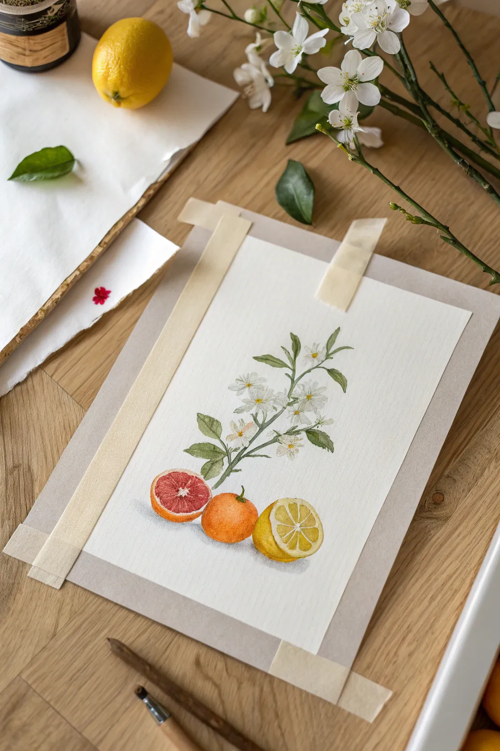 Citrus still life watercolor on taped paper, bold color pops with clean minimalist calm