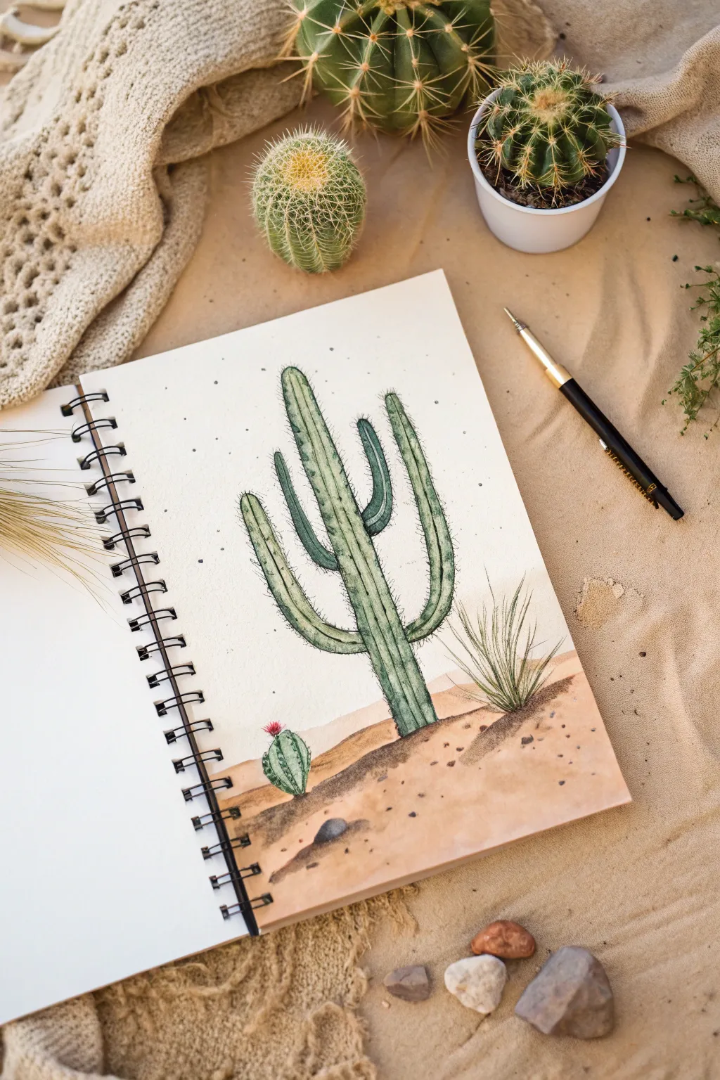 Cactus watercolor pen sketch with sandy splatter texture, minimalist Scandinavian boho mood