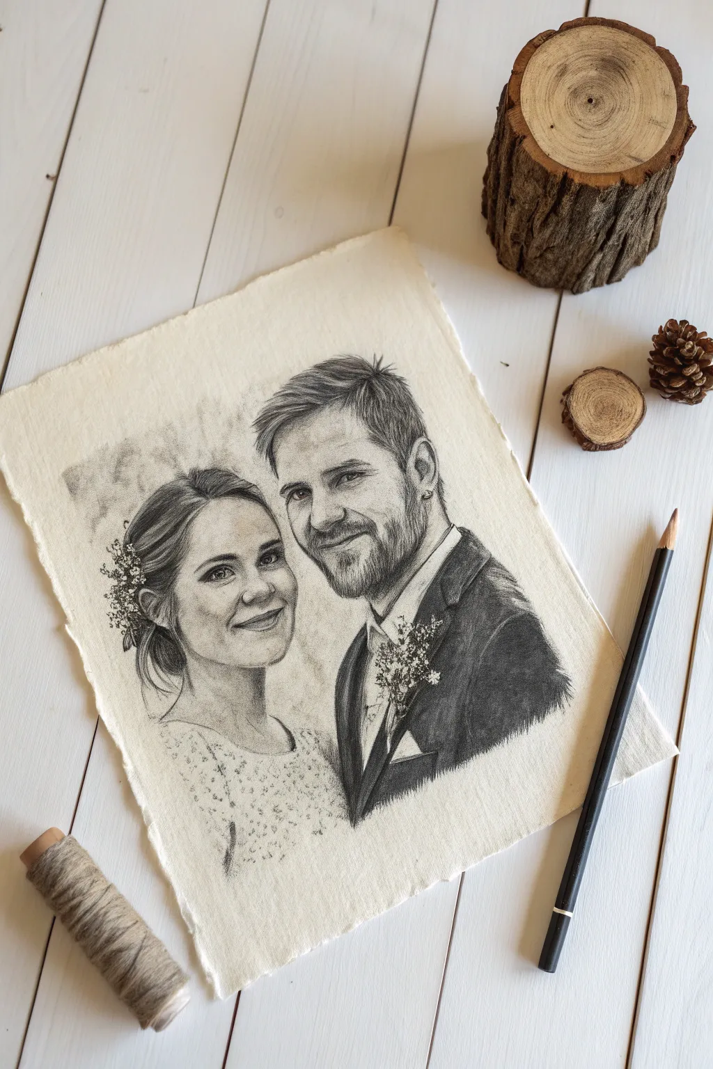 Bold charcoal wedding portrait sketch with rich contrast and a soft, handmade studio feel