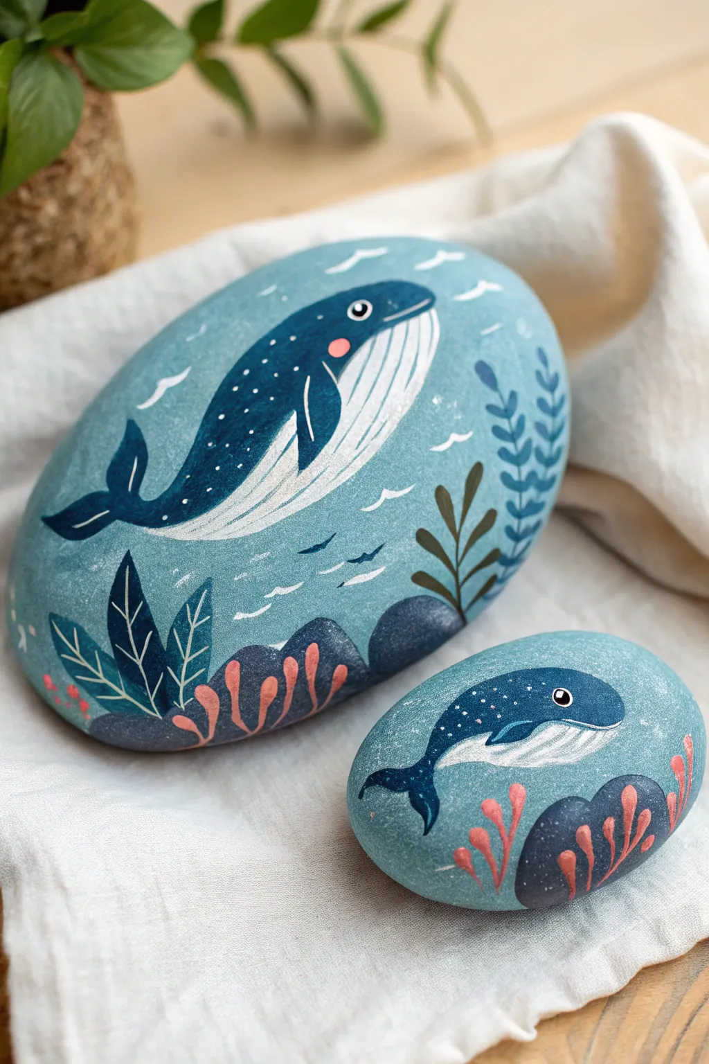 Mom and calf whale rock pair in bold ocean blues, minimalist and handmade for a sweet display