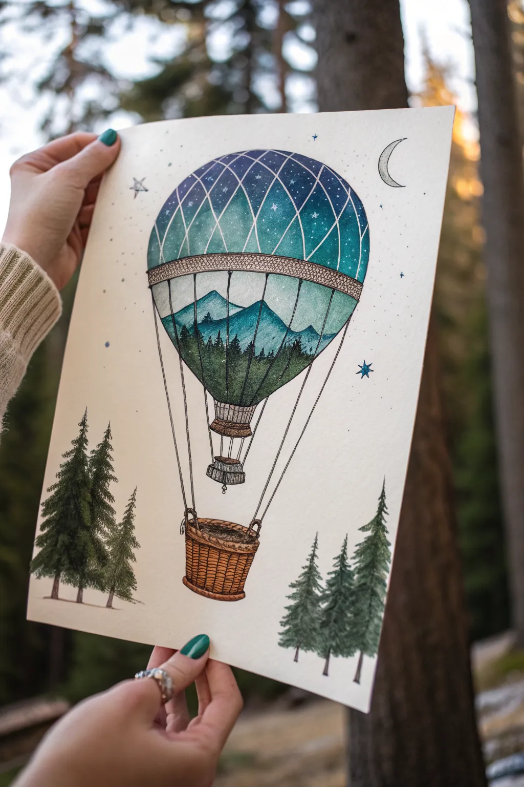Draw a dreamy hot-air balloon with a galaxy globe and tiny forest, simple lines, bold color pops