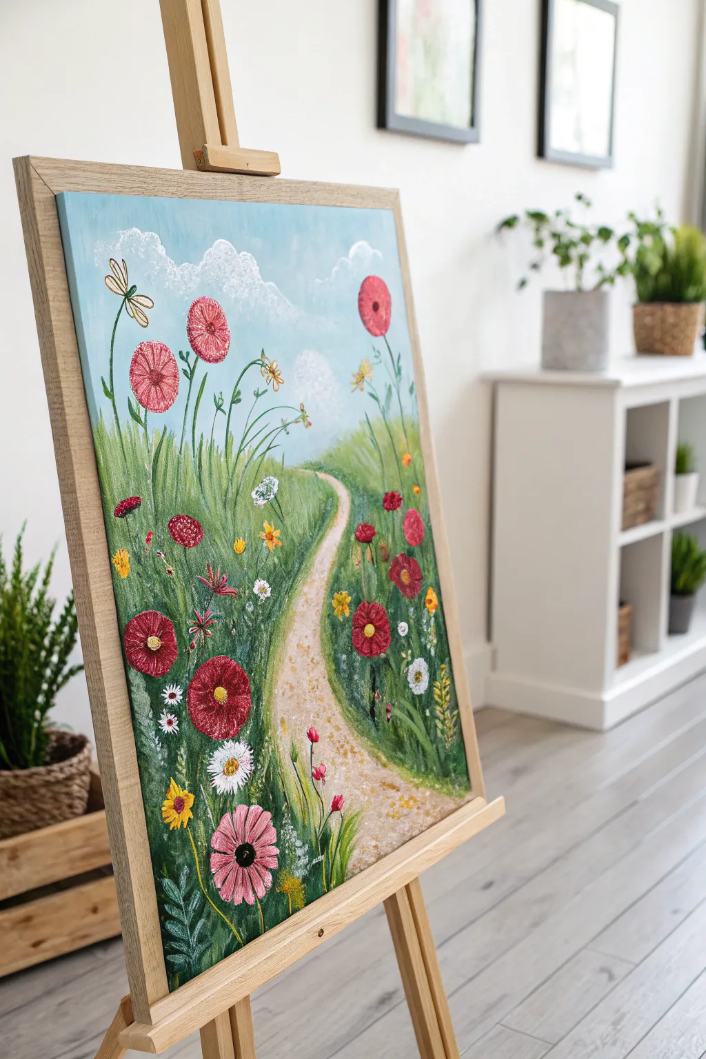 Candy-colored meadow painting with impossible blooms, bold minimalist-boho charm today