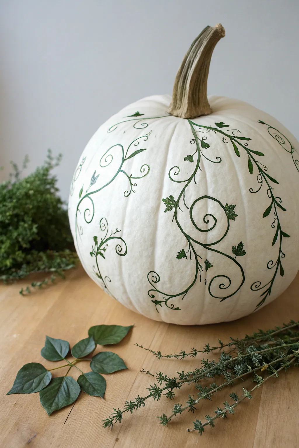 Tall white pumpkin with delicate vine-and-leaf painting for a minimal, earthy autumn look