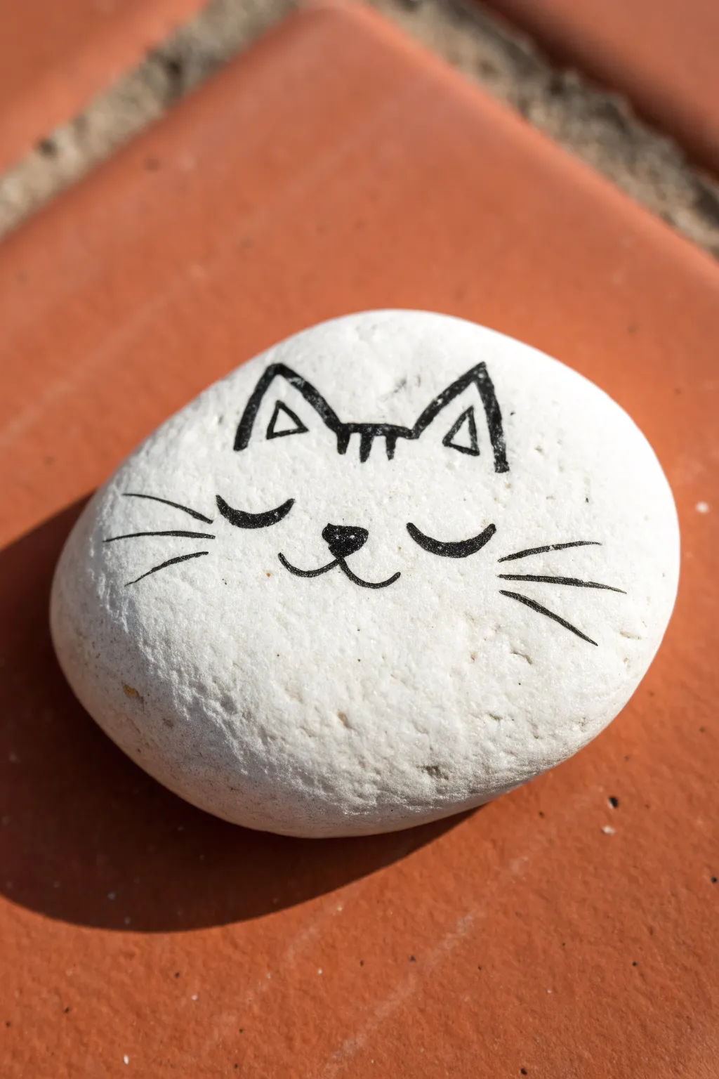 Minimal cat face on a white rock with inky whiskers, clean flatlay Scandinavian boho vibe