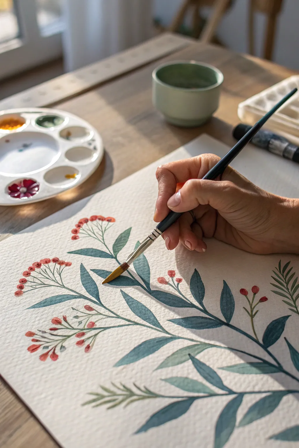 One-brushstroke stems and leaves in motion, a simple wildflower study with bold color pop