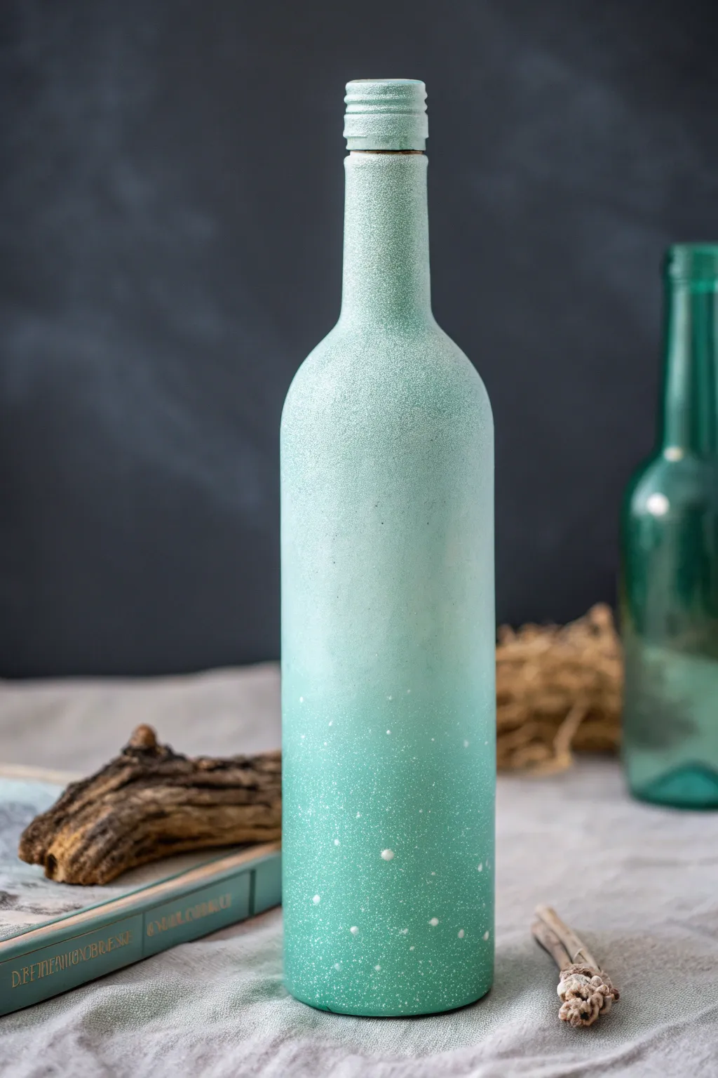 Faux sea glass bottle makeover in frosty aqua and green, calm beachy minimalist vibes