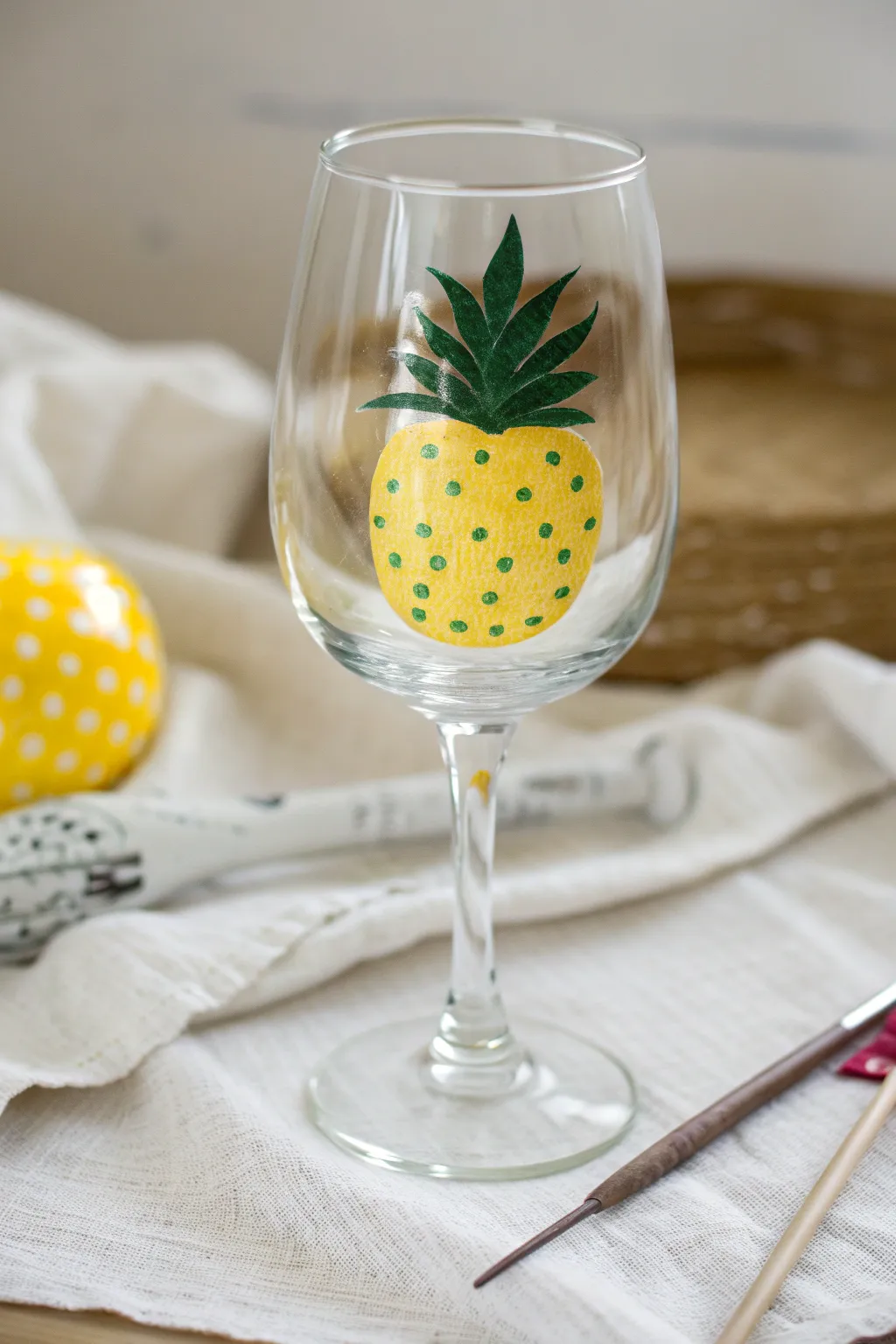 Easy dotted pineapple wine glass DIY with sunny yellow dots and a fresh green spiky crown