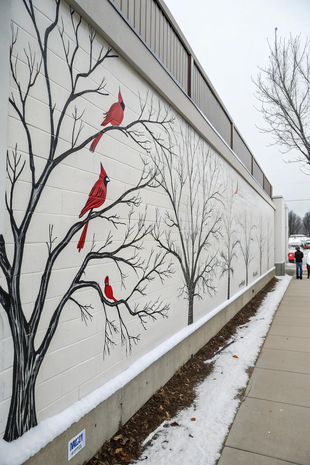 Crisp winter mural idea: bold red cardinals on inky branches over a snowy minimalist backdrop.