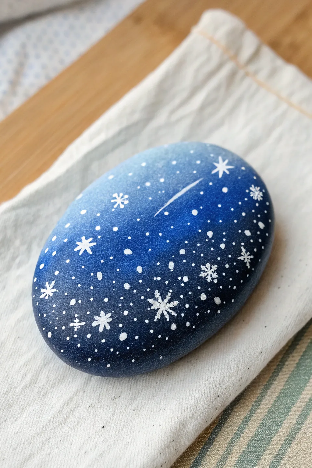 Snowfall splatter on an indigo night sky rock painting for a crisp, dreamy winter vibe