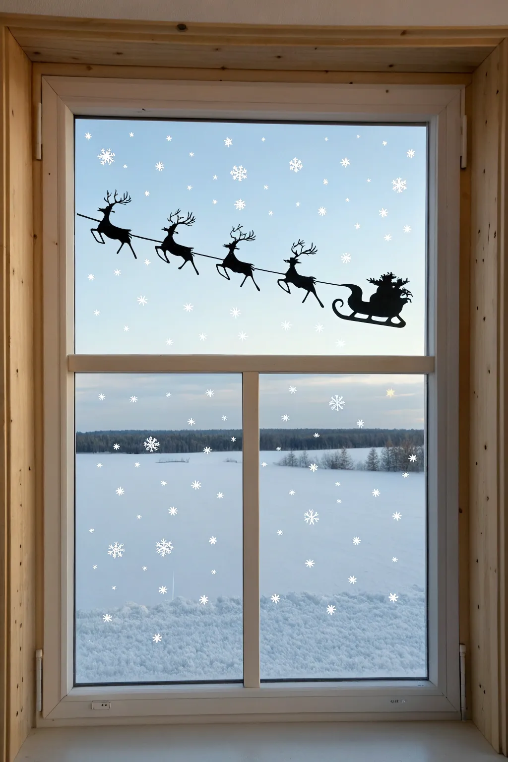 Bold Santa sleigh window silhouette with scattered stars for a minimalist winter glow