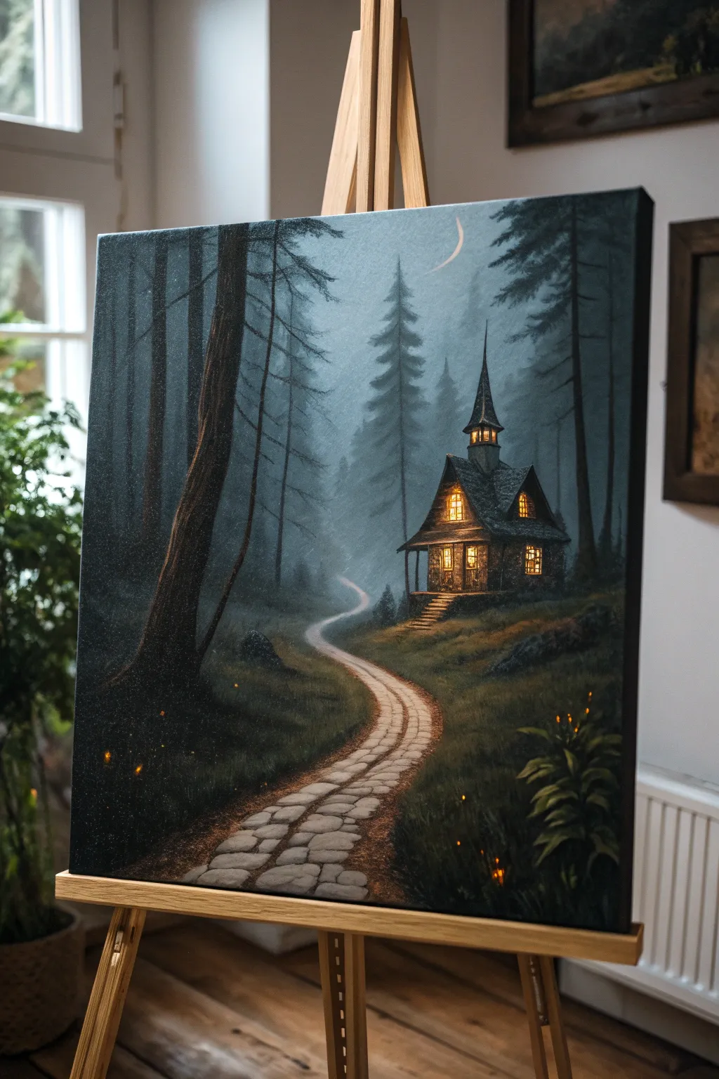 Cozy witch cottage painting idea with a twisting path and warm glow, minimalist yet magical.