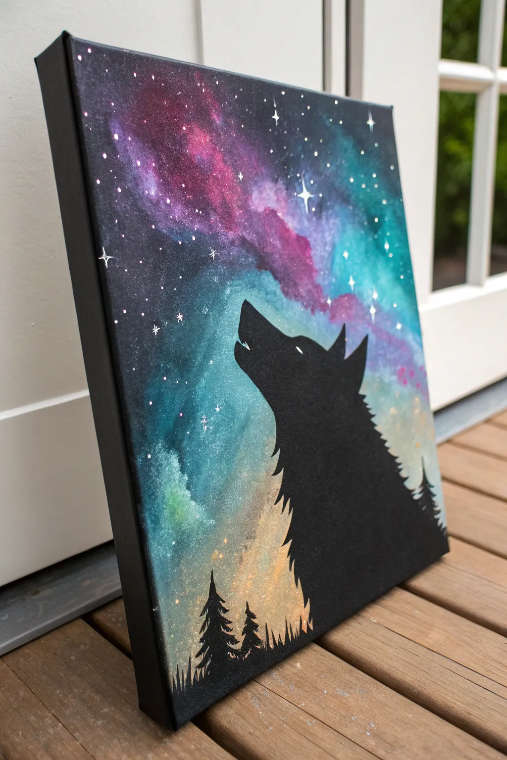 Bold galaxy hues glow inside a sleek wolf silhouette, minimalist yet wildly dreamy