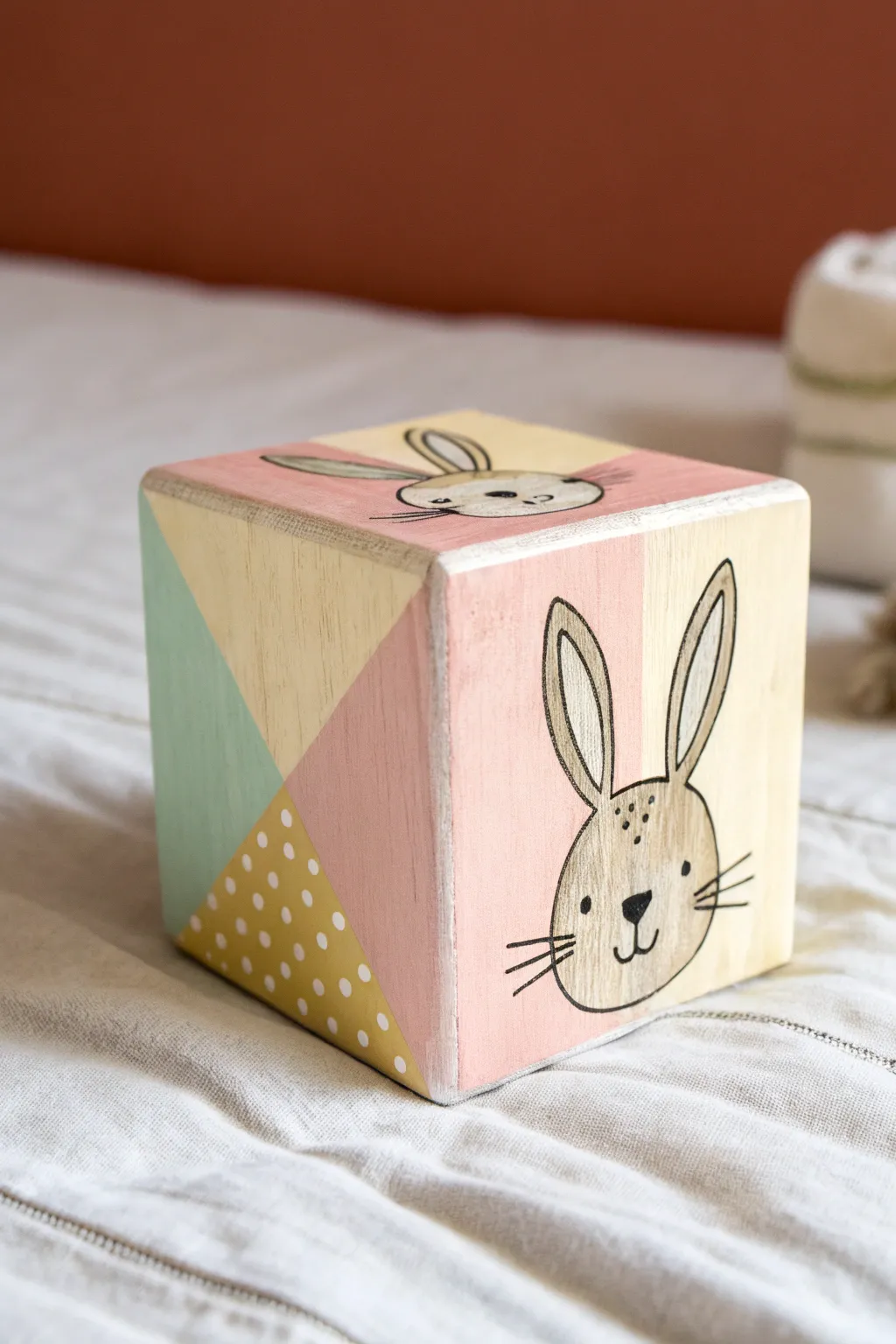 Soft pastel bunny wood block, minimalist boho nursery decor idea with handmade brushstroke charm