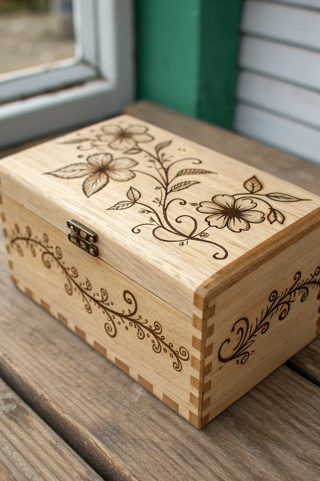 Wood-burned keepsake box with wrapped florals, lid slightly open for a seamless pattern.