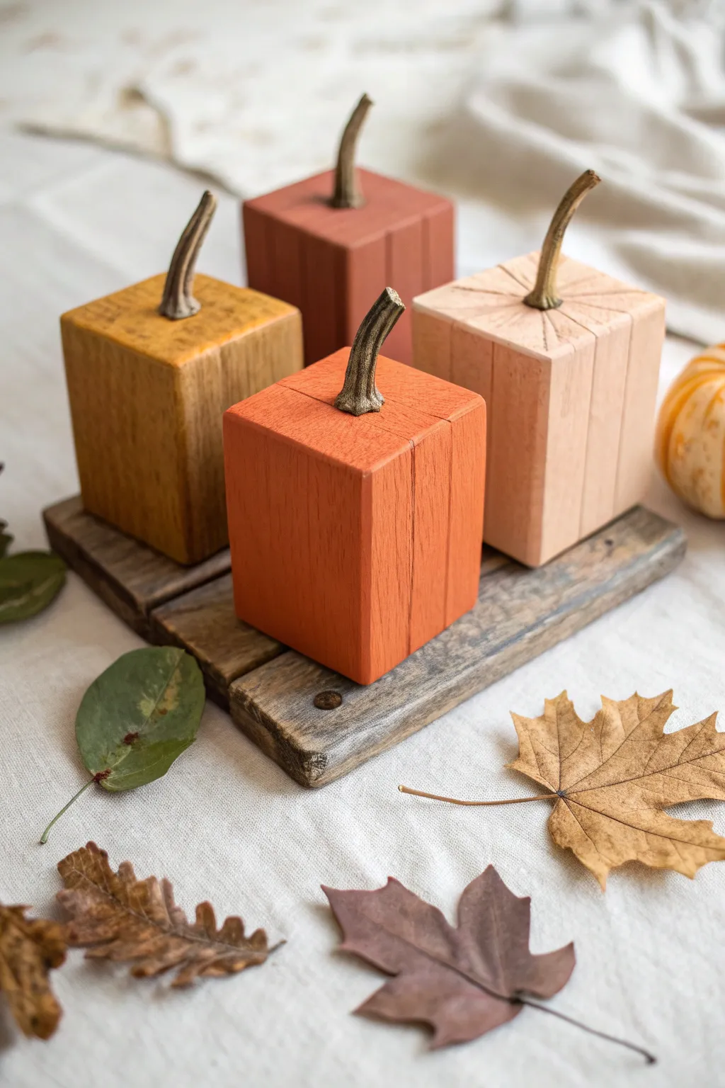 Cozy seasonal pumpkin wood blocks in warm boho tones, simple Scandinavian styling for fall crafts.