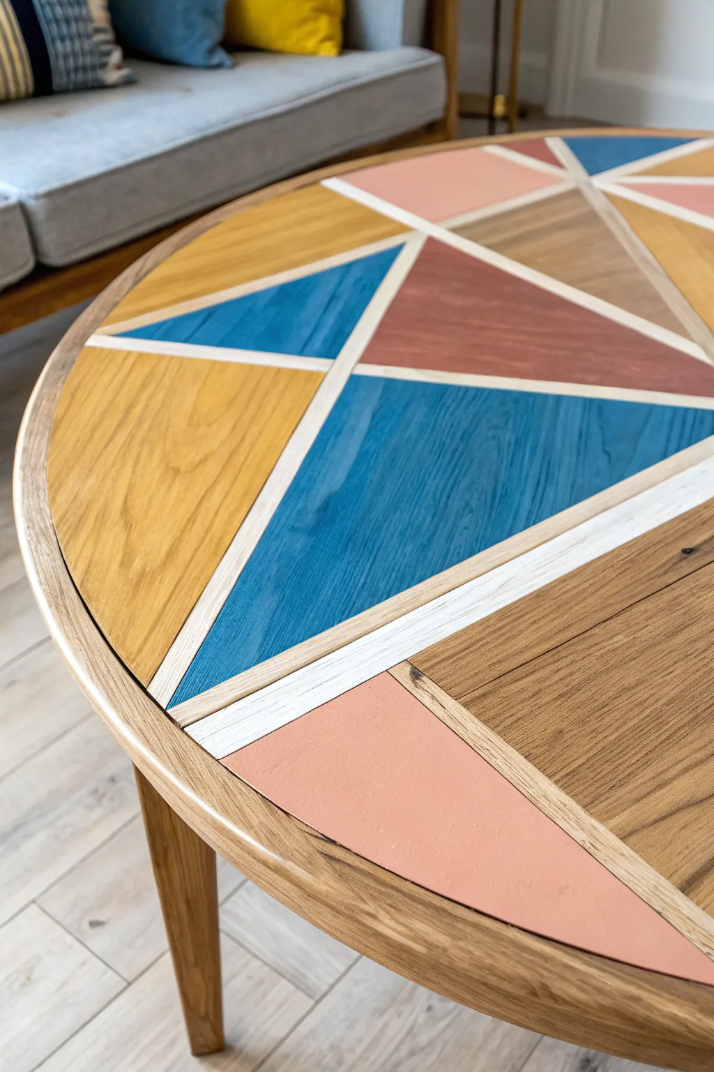 Playful color-blocked tabletop with crisp tape lines and bold hues, a chic DIY moment.