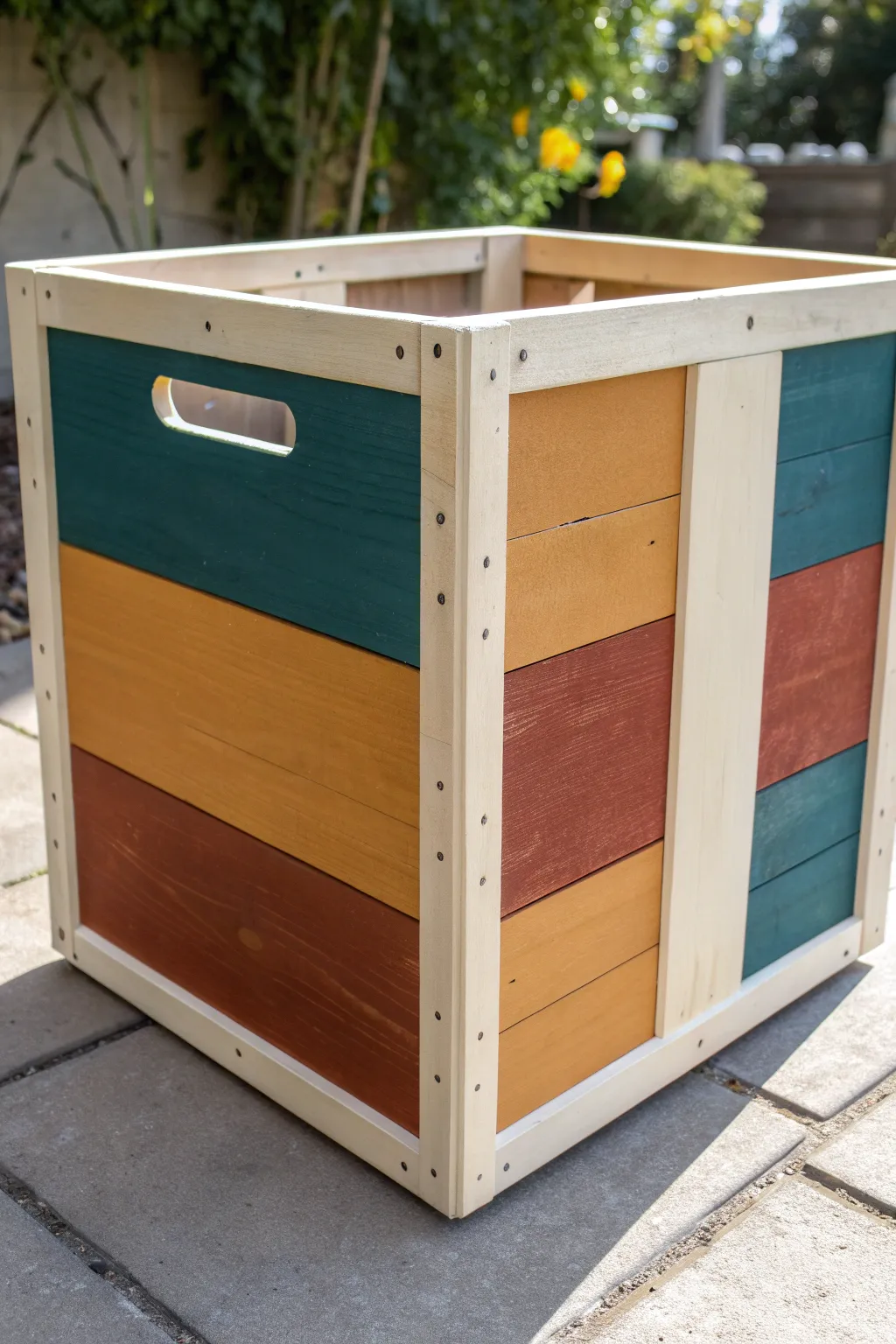 Bold color-blocked wooden crate for instant impact, clean lines, and handcrafted charm