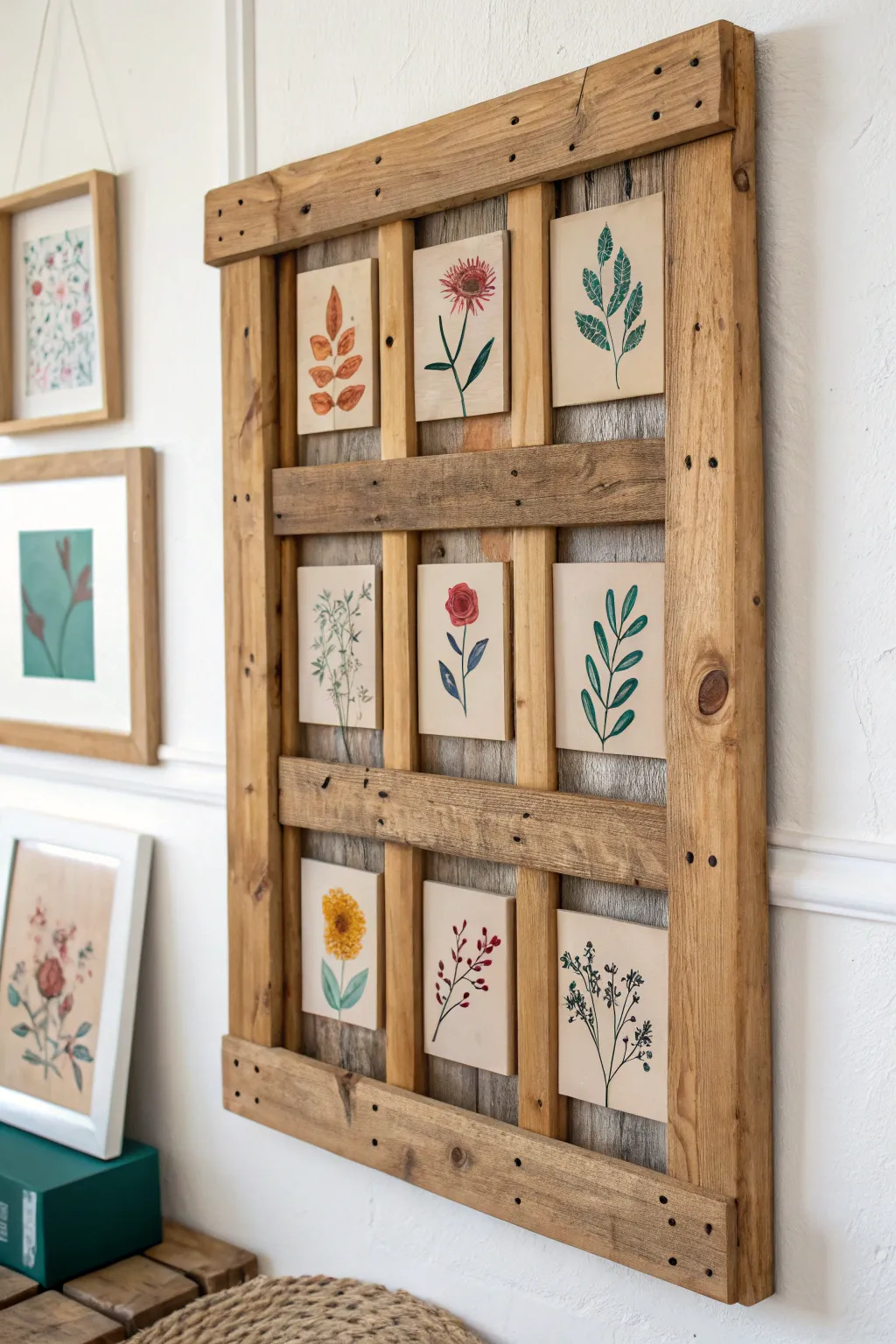 Rustic pallet gallery board with tiny bold mini paintings, minimalist boho charm and high contrast
