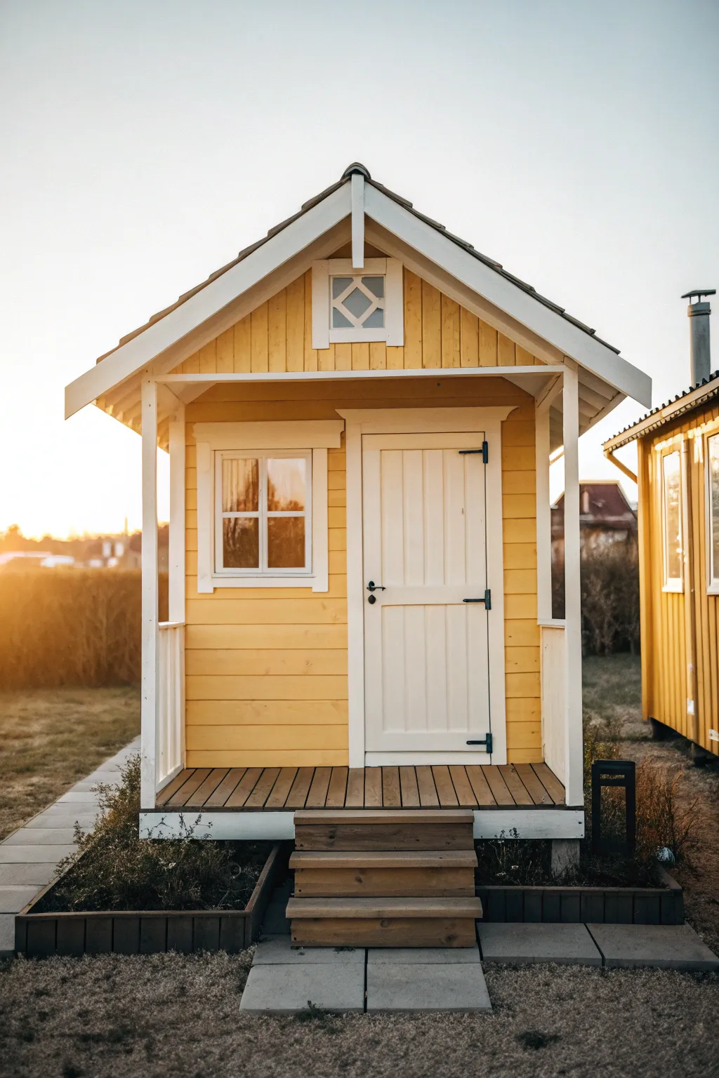 Sunny yellow playhouse with crisp white trim, glowing in warm light for happy backyard charm