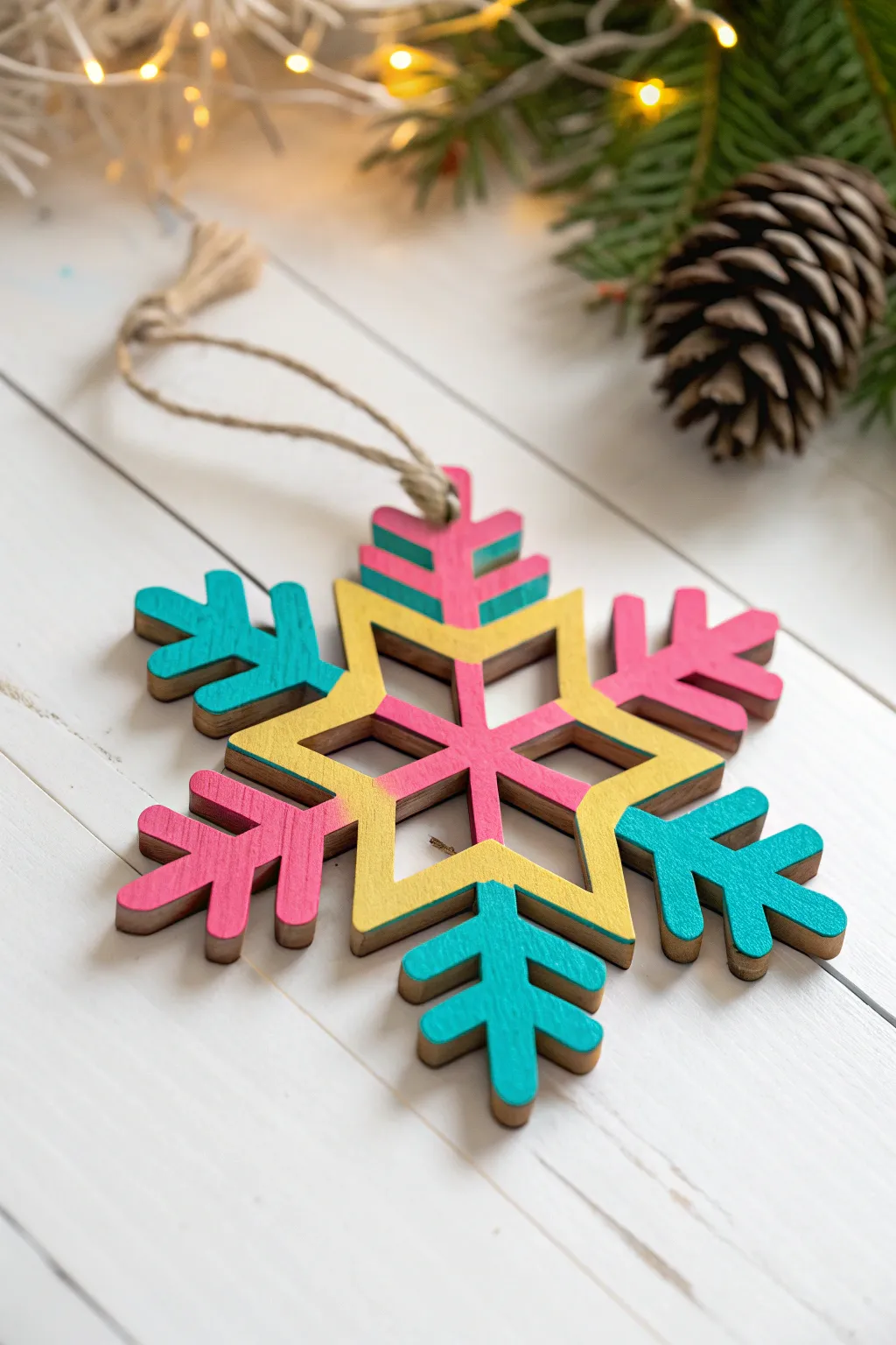 Neon-painted wooden snowflake for bold, modern winter decor with high-contrast minimalist style