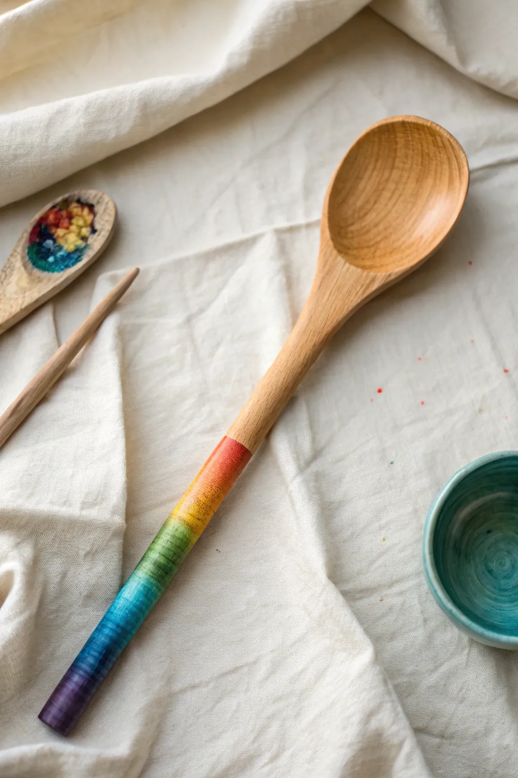 Rainbow ombre wooden spoon handle paint idea with smooth gradient, minimalist boho vibes