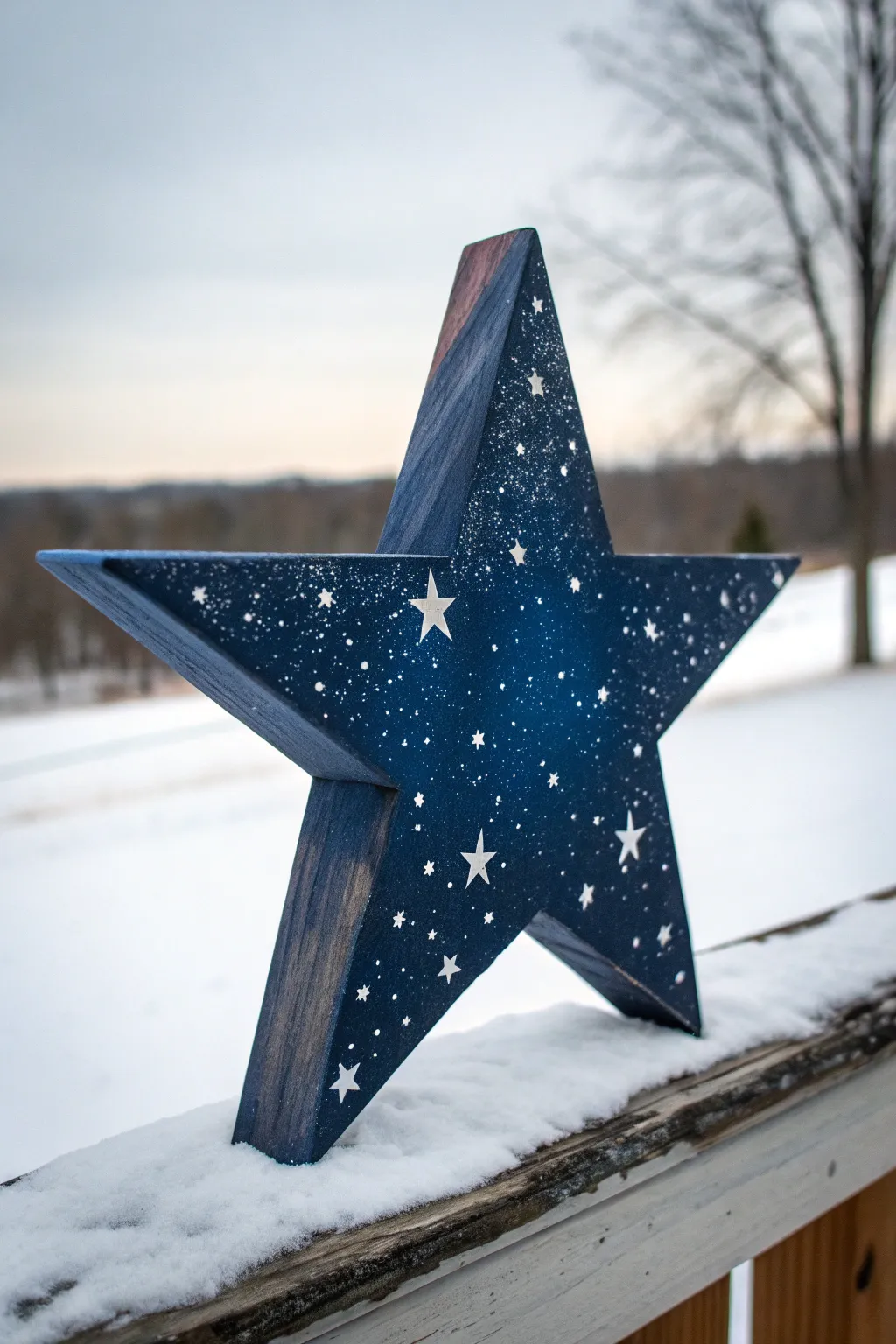 Deep night gradient wooden star with a calm silhouette edge and splattered starlight, Nordic boho