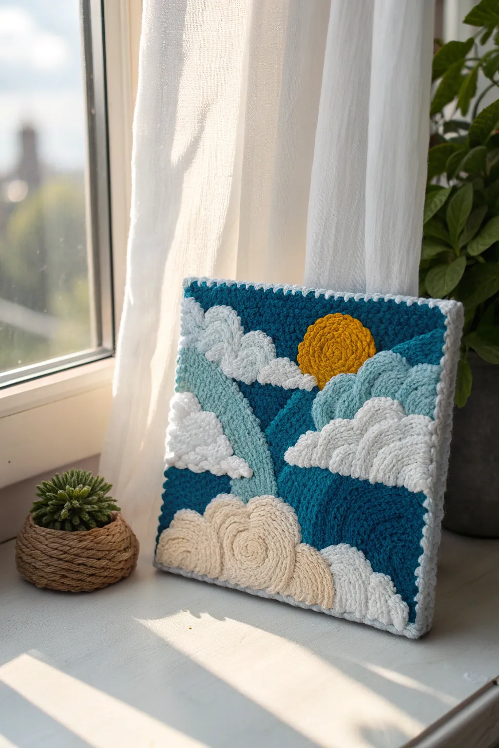 Fluffy yarn clouds on a bold blue sky for a cozy, textured yarn painting you can recreate.