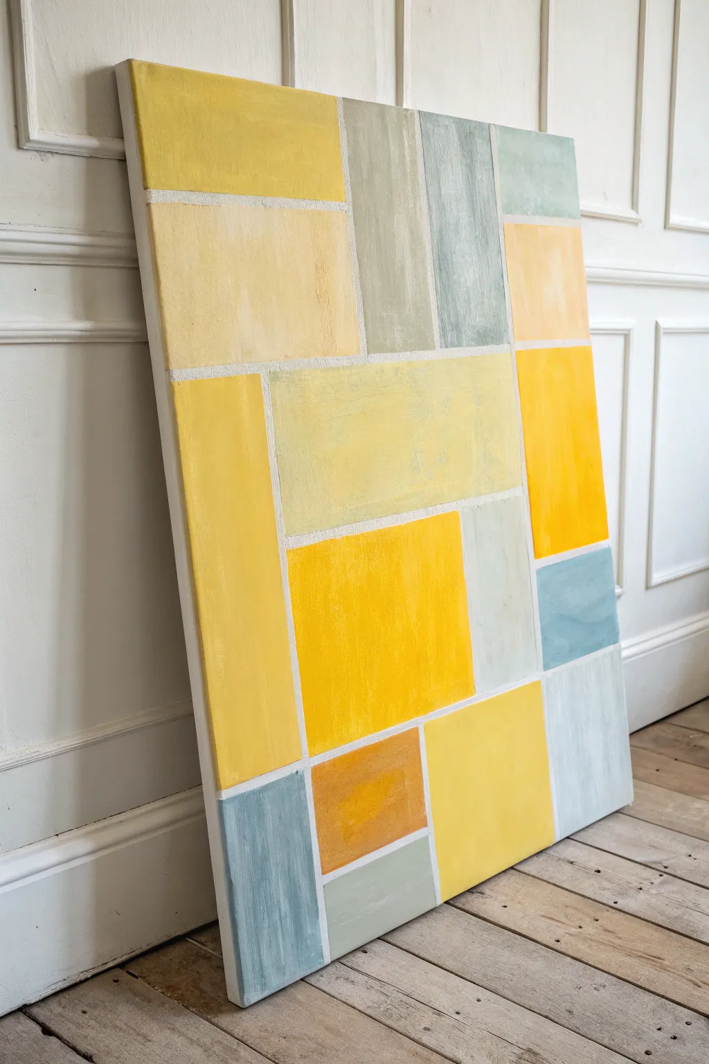 Yellow abstract color blocks in layered tones with a muted accent for bold, modern contrast