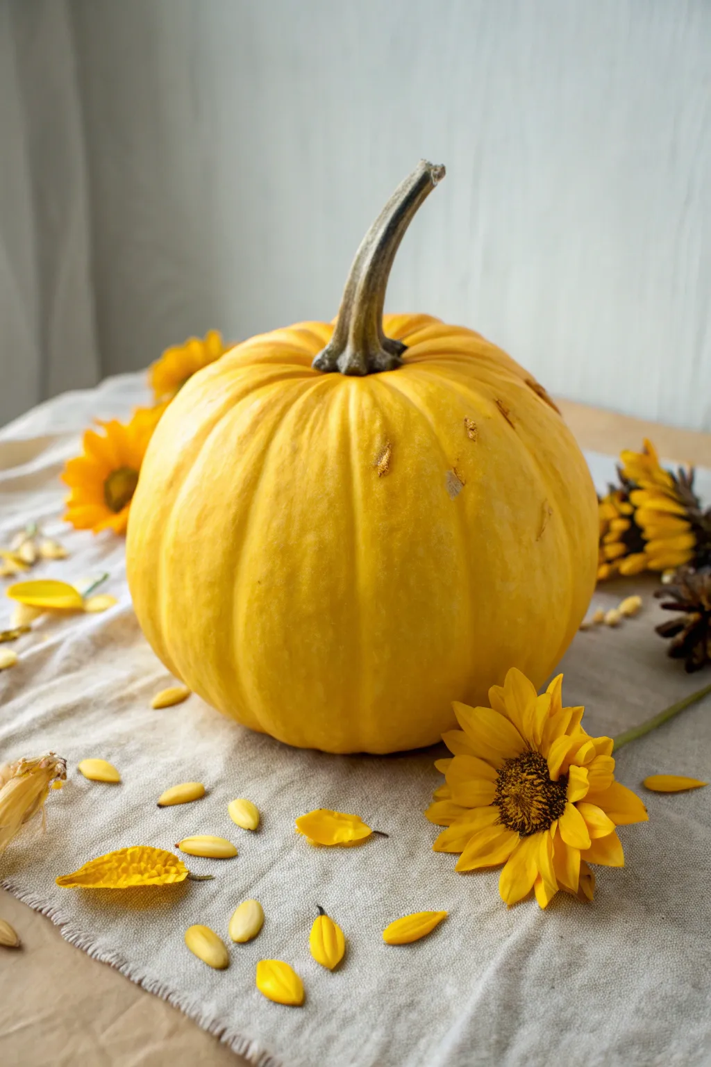 Sun-kissed yellow pumpkin crowned with sunflower petals, minimal boho charm for autumn decor.
