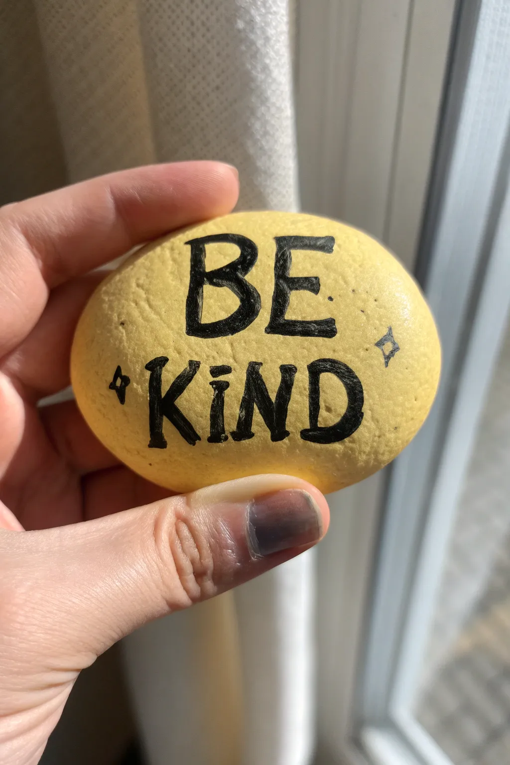 Be Kind kindness rock: sunny yellow with bold black lettering, simple, cozy, and easy to recreate.