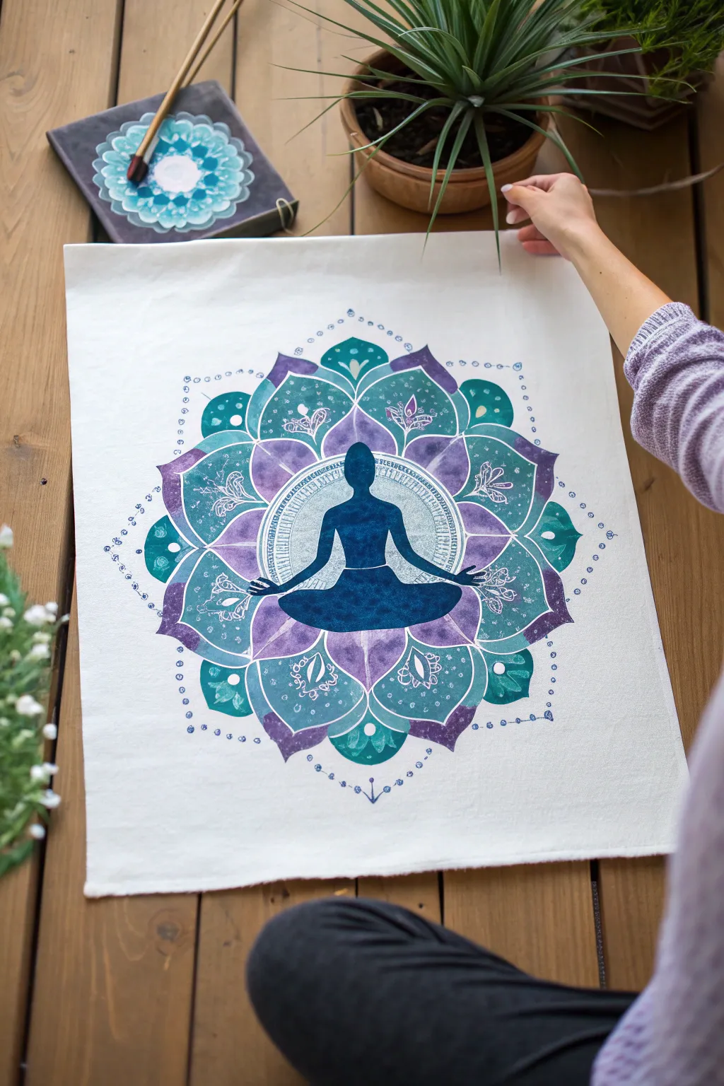 Lotus pose silhouette over a jewel-tone mandala for a calm, modern yoga painting idea.