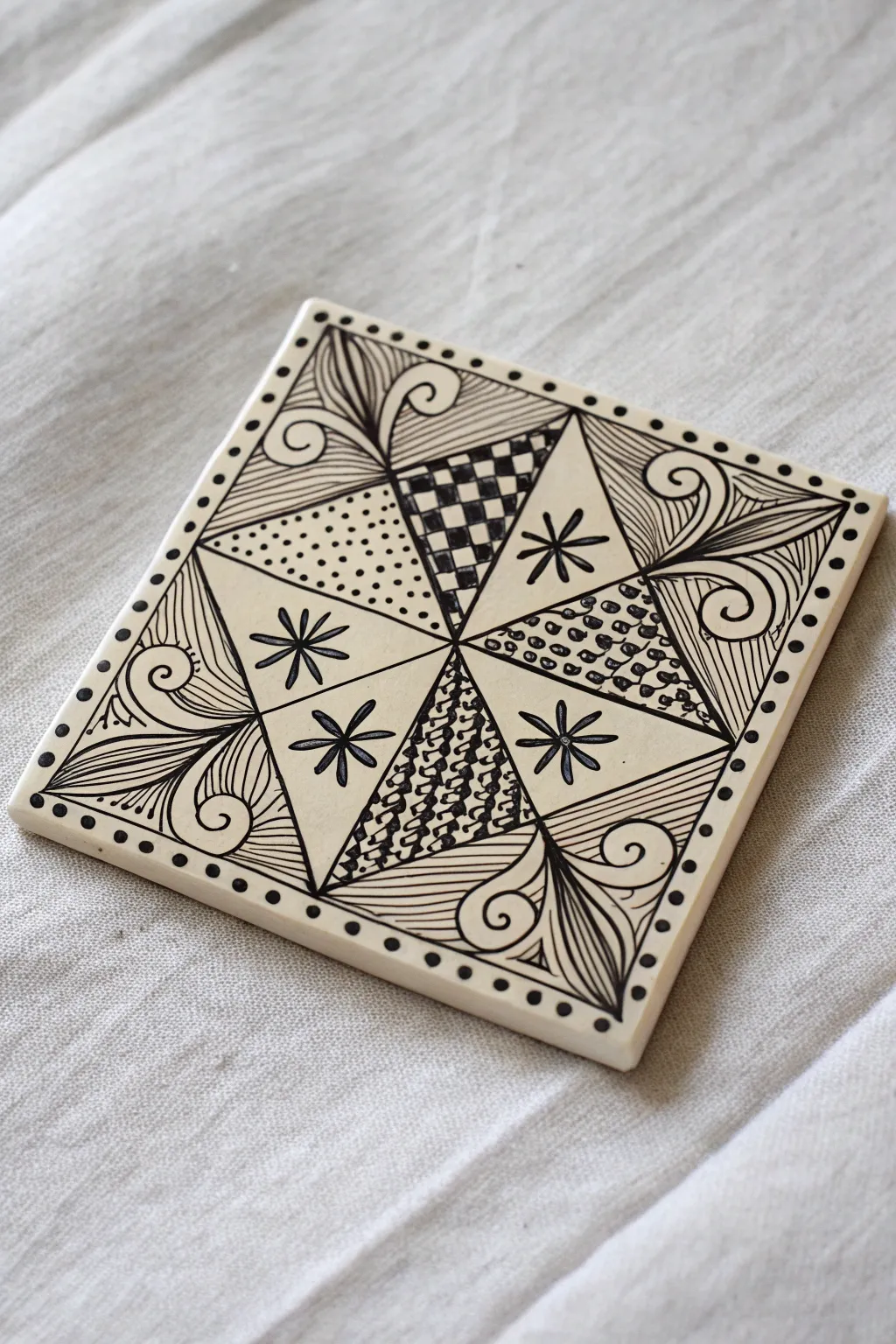 Half geometric, half organic: a zentangle tile balancing crisp grids with flowing botanicals.