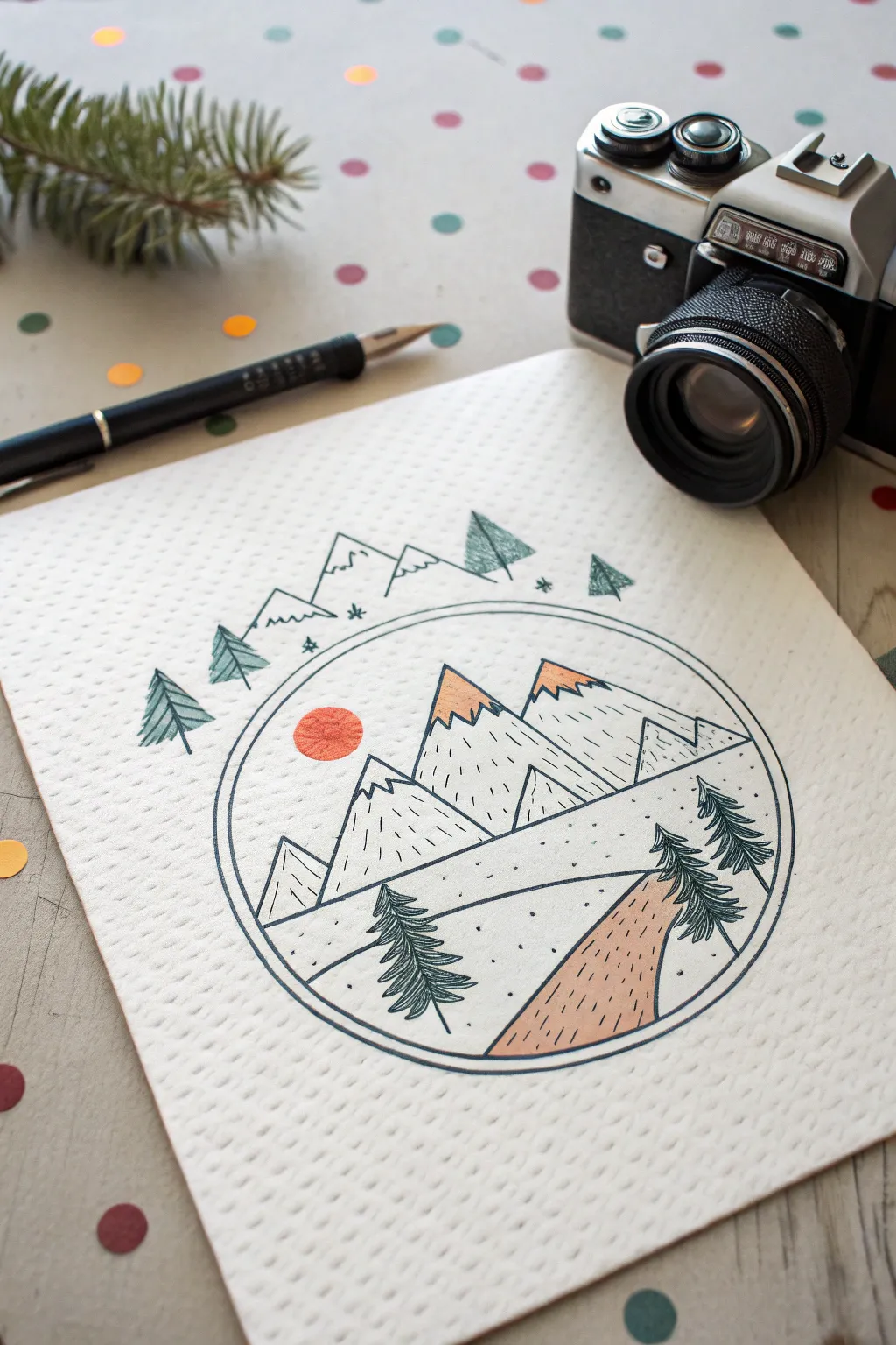 Simple circle mountain landscape with sun, pines, and geometric accents, perfect for age 10