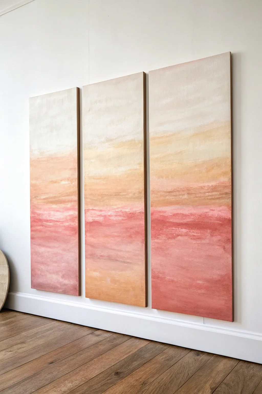 Soft ombré triptych in blush, sand, and clay tones for a calm Scandinavian boho statement.