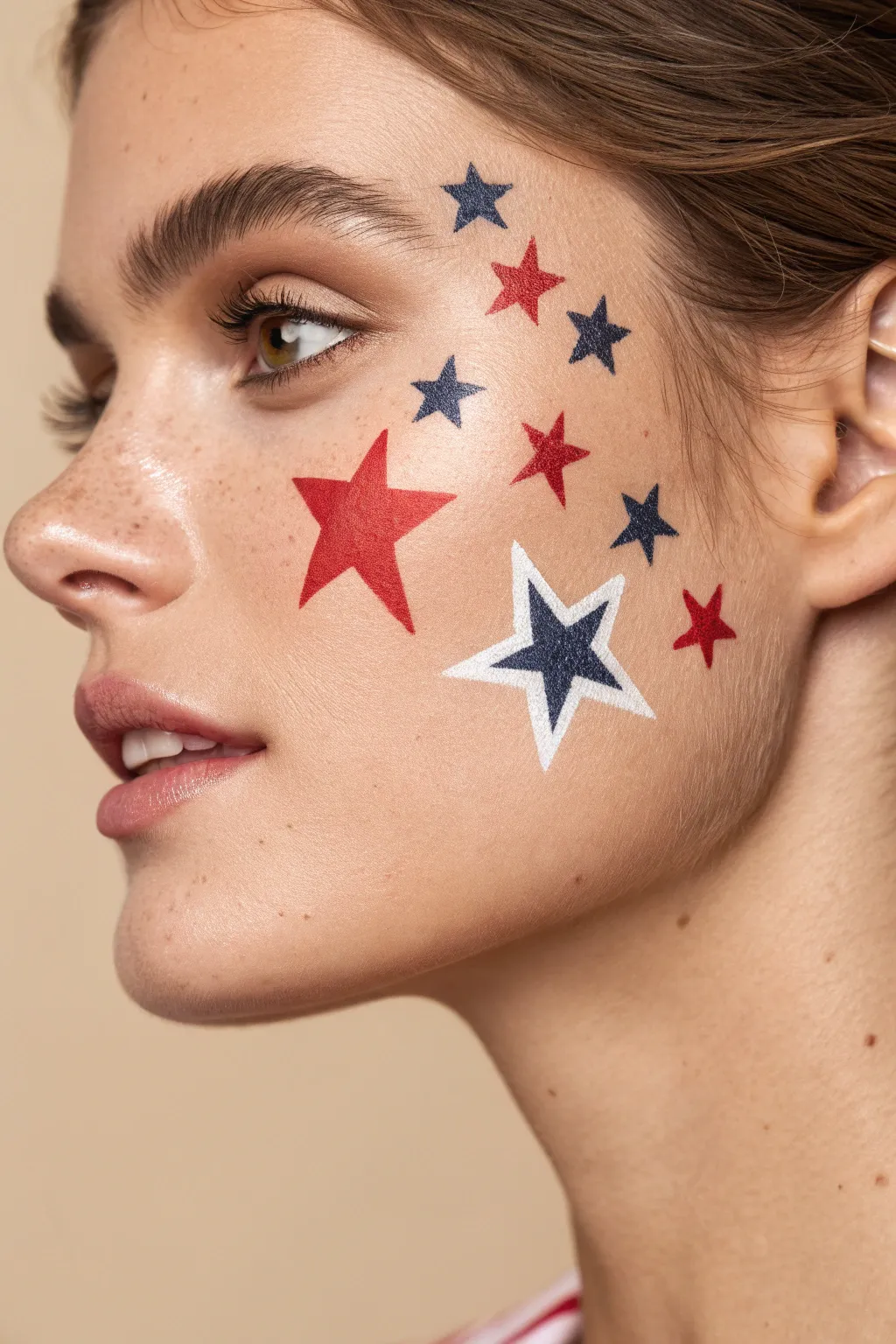 Easy 4th of July face paint: hand-painted red, white, blue stars in a simple repeat pattern.