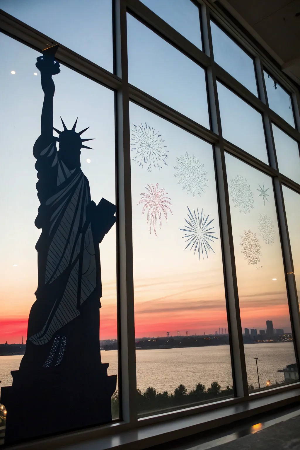 Minimalist 4th of July window art: Statue of Liberty silhouette over a soft red white blue sunset.