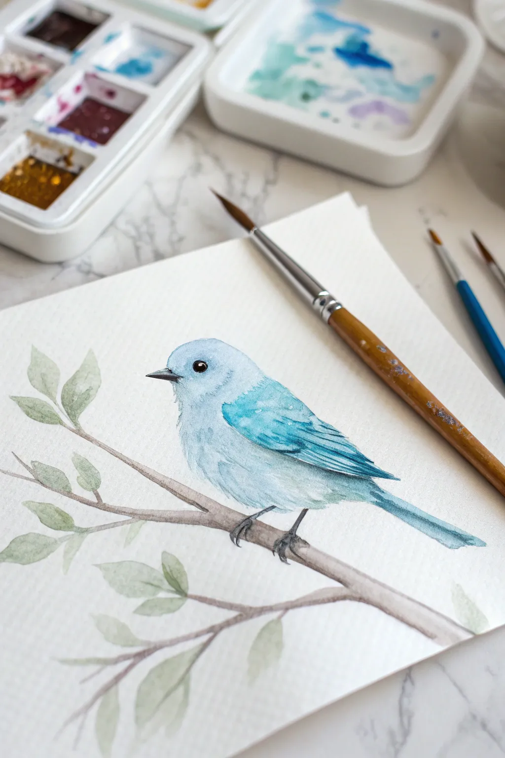 Beginner-friendly blob bird on a branch in soft blues, minimalist watercolor charm.