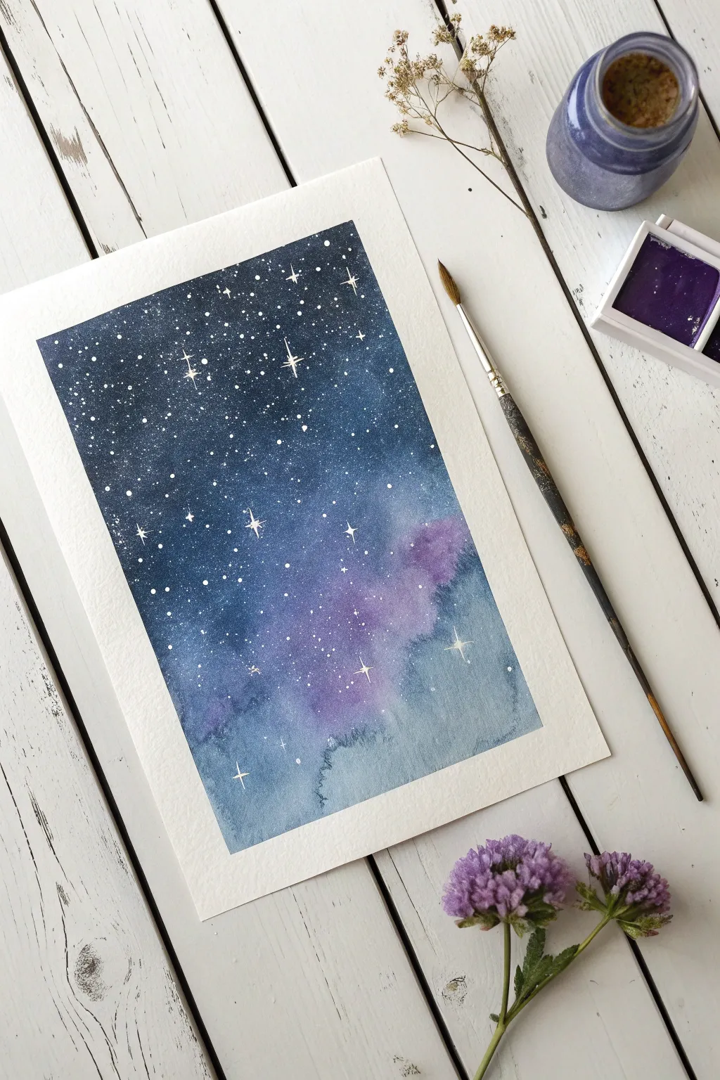Create a dreamy galaxy night sky with simple wet-in-wet watercolors. Perfect for beginners!
