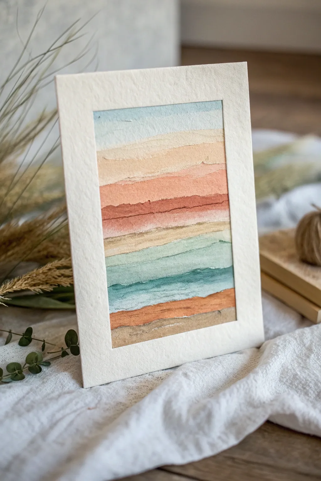 Minimal abstract horizon bands in calm earthy tones, a soothing sky-meets-earth vibe