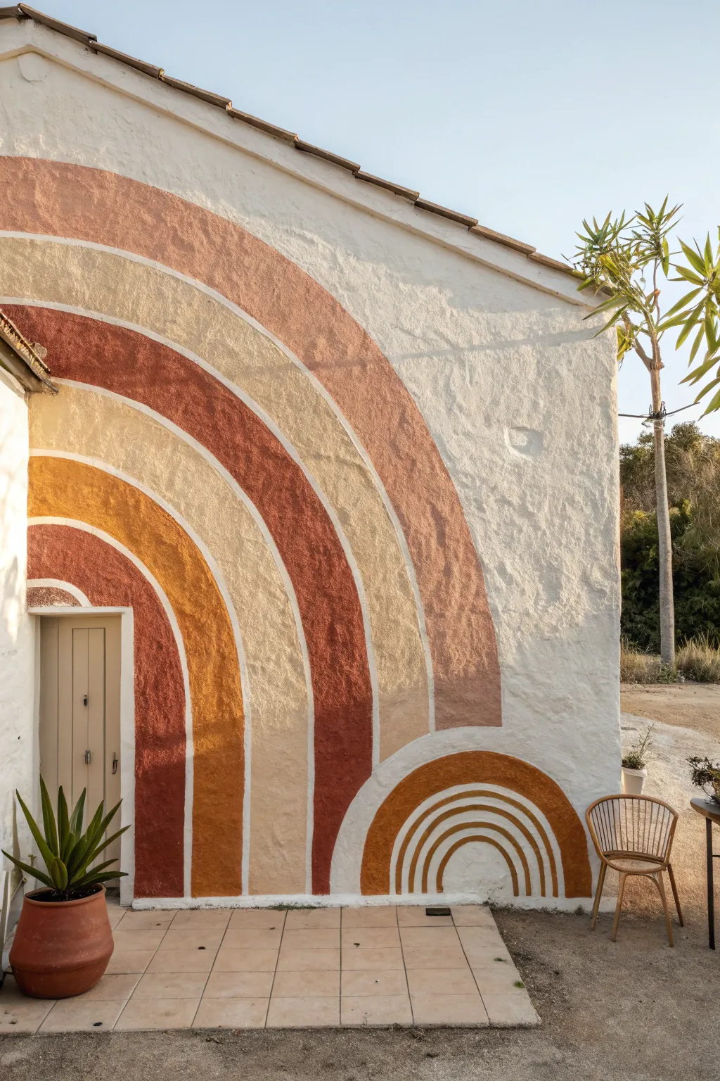 Earthy abstract arches and half-suns mural for a calm Scandinavian-boho feature wall