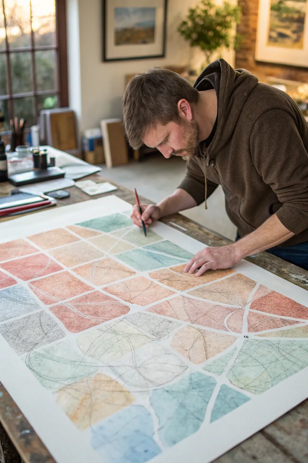 Abstract pencil map cells filled with soft watercolor washes in a Scandinavian boho palette