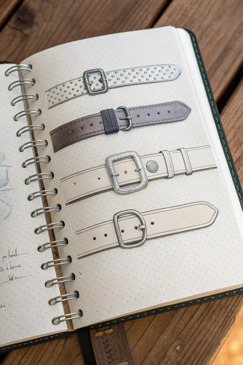 Minimal belt and buckle sketch studies with flat, wrapped, and close-up hole details
