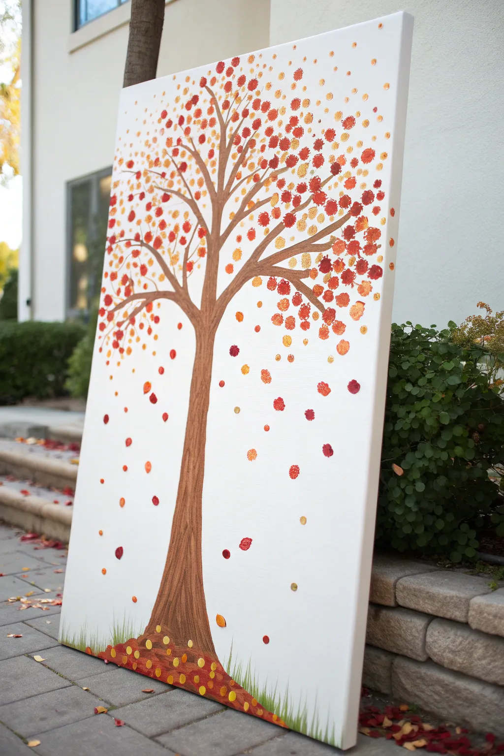 Autumn tree dot painting: vibrant leaf confetti on a light canvas for cozy acrylic practice.