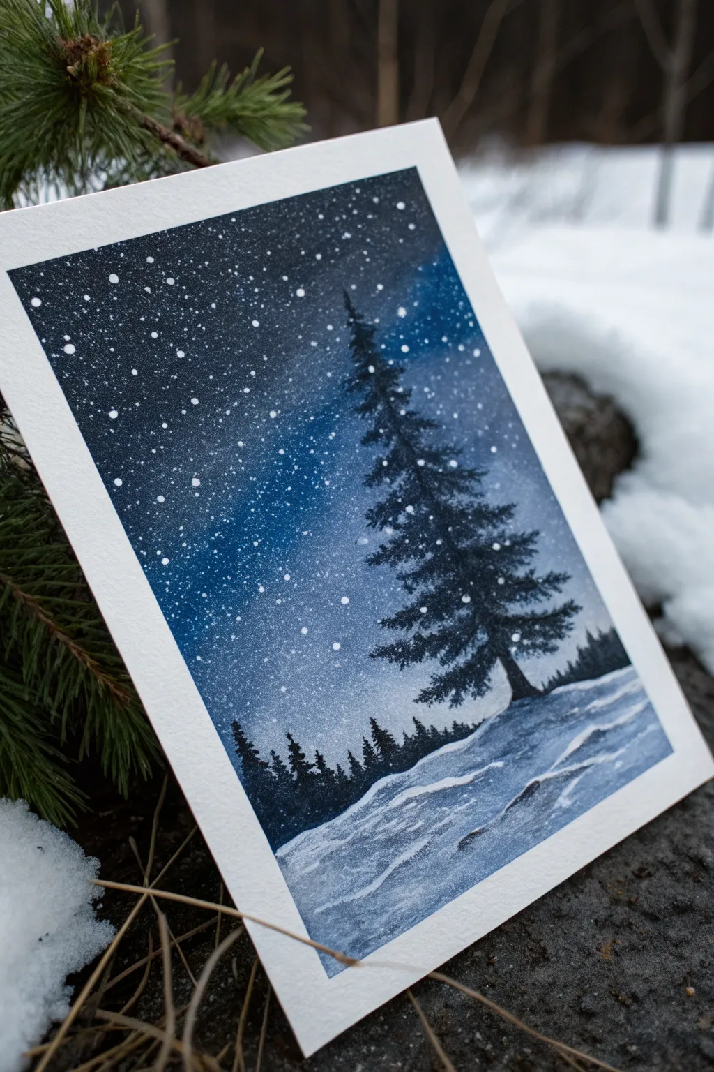 Simple acrylic winter night: indigo sky, soft snowfall, and a lone pine silhouette.