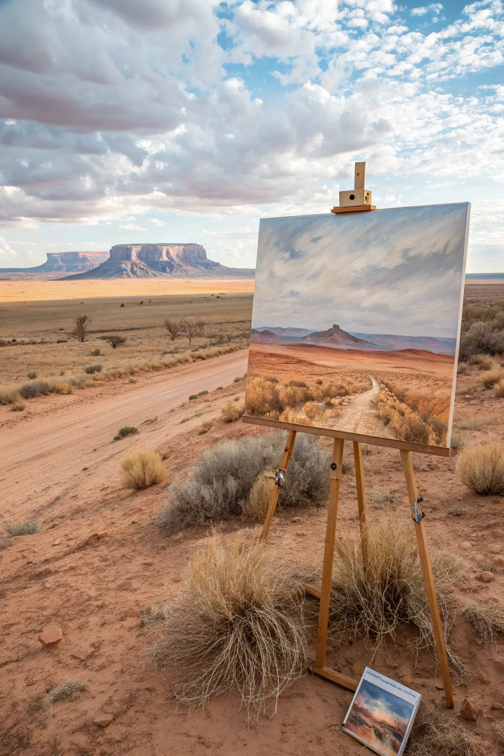 Warm desert sky acrylic: terracotta sands, distant mesas, minimalist boho palette