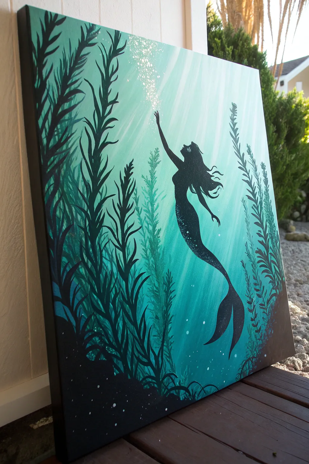 Dreamy kelp forest mermaid scene in acrylic with dark kelp silhouettes and sunlit rays.
