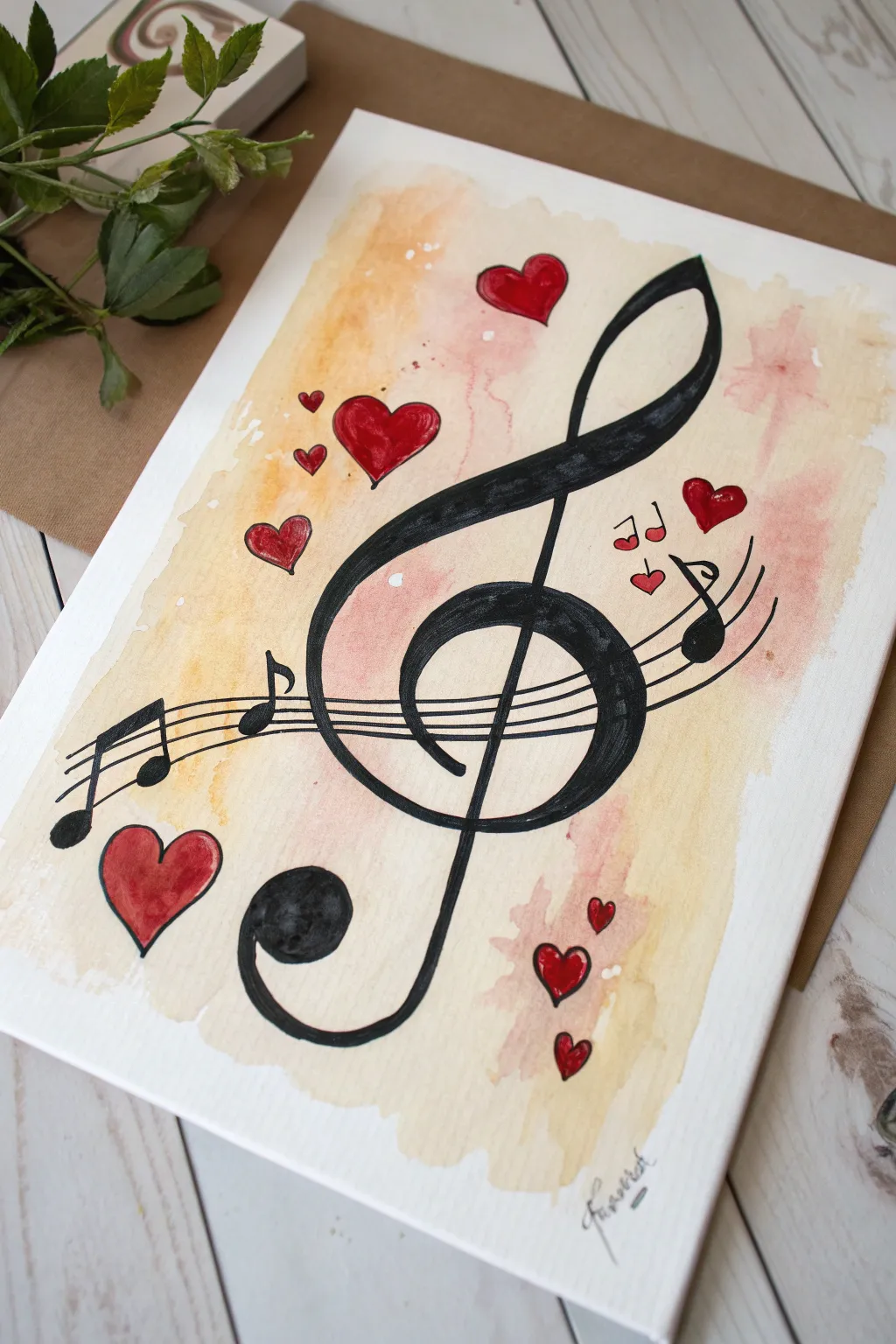 Acrylic treble clef with tiny red heart notes, minimalist lines and a soft blush wash backdrop.