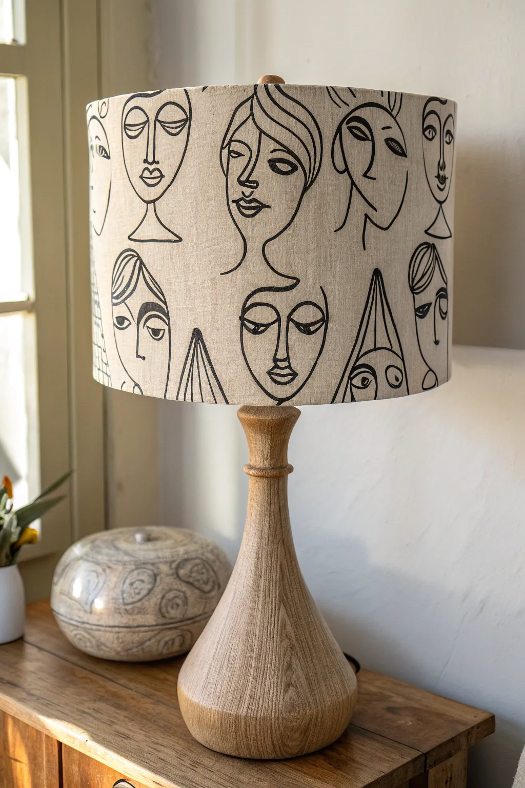 Minimal line art faces in dark acrylic on a neutral lampshade, clean and modern in soft daylight.