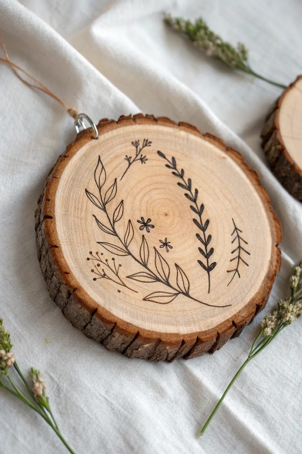 Minimal wood slice botanicals with acrylic paint pen strokes, cozy Scandinavian boho craft